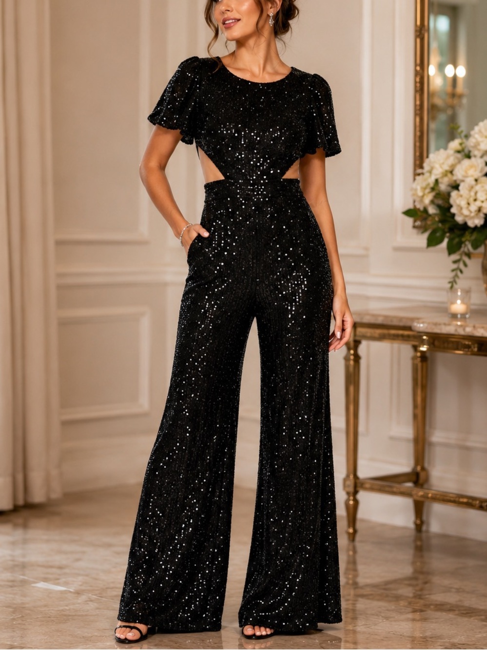 Ieena for Mac Duggal Sequin Wide Leg Jumpsuit Black NWT Size 6